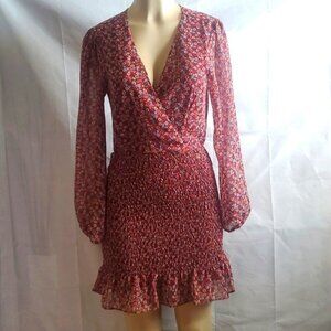 Rowa Red Floral Long Sleeve Dress, Smocked Detail| Size M